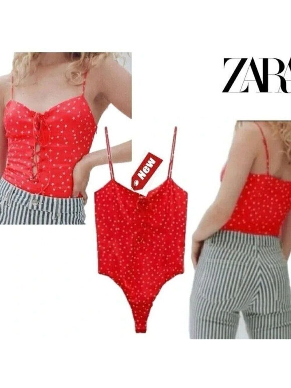 Zara BNWOT womens red with stars bodysuit sz medium front tie up satin